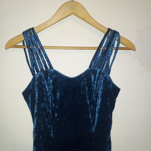 Vintage All That Jazz Crushed Velvet Dress-Small-Skater-Lined-Strappy-Navy-Y2K - Picture 2 of 8
